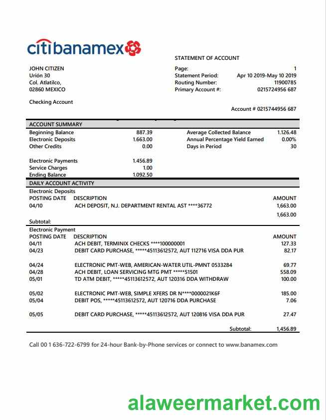Mexico Citibanamex bank statement
